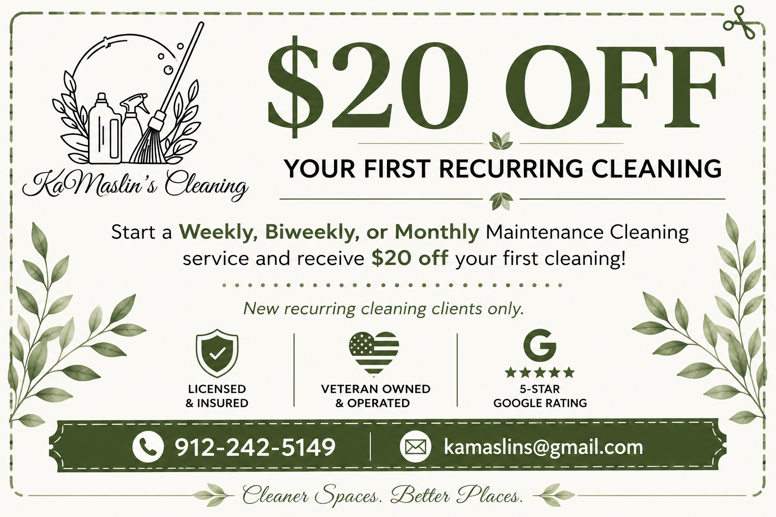 $20 off your first recurring cleaning — KaMaslin's Cleaning. New recurring clients only.